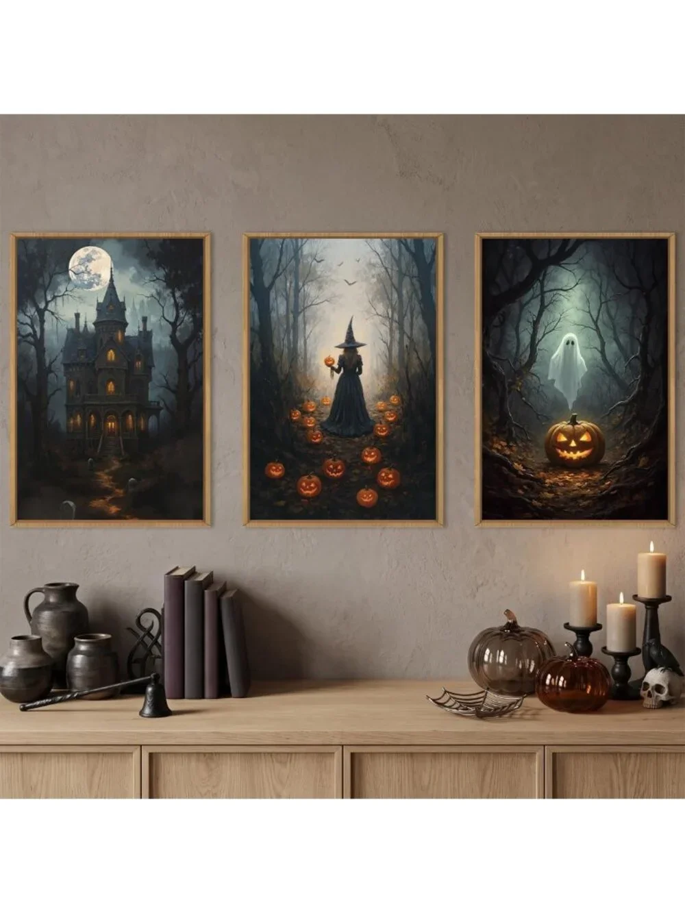 Spooky Halloween Moon Castle Canvas Art Set - Witch, Ghost & Pumpkin Decor for